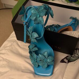 Embellished Turquoise Floral Strap Heels